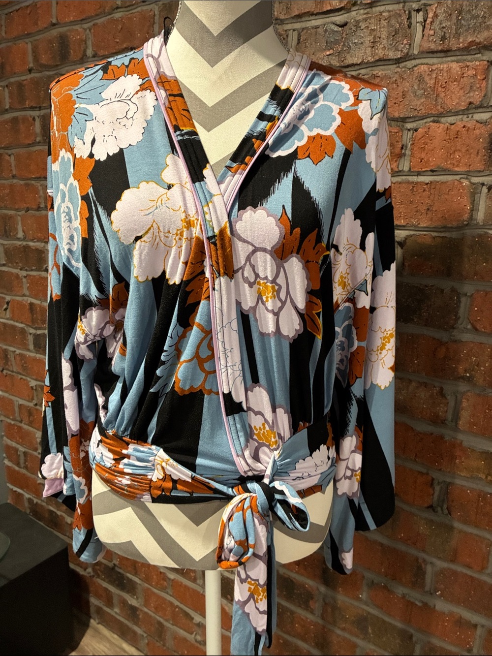 Free People Floral Tie-Waist Wrap Top - Light Blue, Orange & White. Size Small